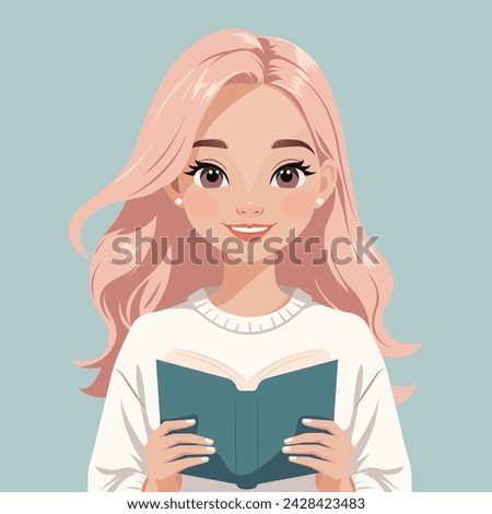 Vector cartoon illustration of a cute happy girl with pink hair holding an open book.