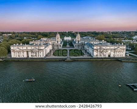 Aerial drone photo of Royal Naval College Greenwich at sunset