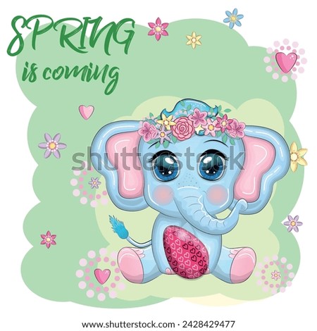 Cute cartoon elephant, childish character with beautiful eyes holding an easter egg. Happy Easter greeting card