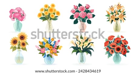 Set of bouquets in vases with spring and summer various flowers, isolated vector illustrations on white for birthday invitations, Women's Day, Mother's Day, wedding cards. Floral design, clip-art.