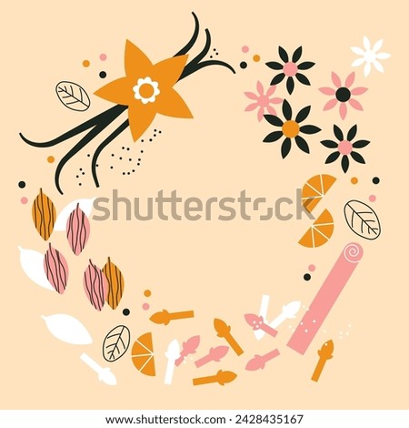 Cute appetizing spices and herbs collection in pastel color. Decorative abstract frame with simple doodles. Cardamom, star anise, cinnamon stick, vanilla flower, cloves. Copy space poster, menu, decor Royalty-Free Stock Photo #2428435167