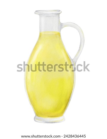 Transparent glass bottle with yellow oil, vinegar. Watercolor hand drawn illustration. Ingredient in cooking, cosmetics. Clip art for menu of restaurants, packaging of farm goods, vegan products