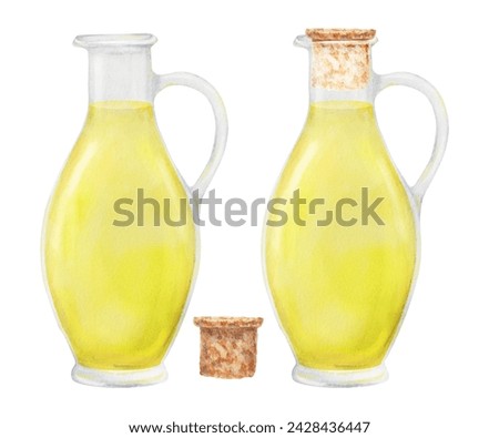 Transparent glass bottle with yellow oil, vinegar. Watercolor hand drawn illustration. Ingredient in cooking, cosmetics. Clip art for menu of restaurants, packaging of farm goods, vegan products