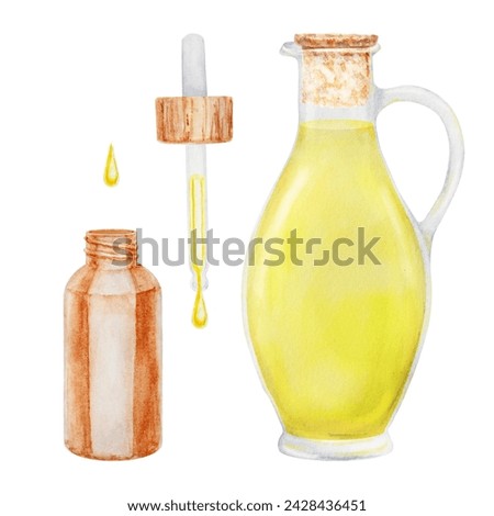 Transparent, brown glass bottle with yellow oil, vinegar. Watercolor hand drawn illustration. Ingredient in cooking, cosmetics. Clip art for menu of restaurants, packaging of farm goods, vegan product