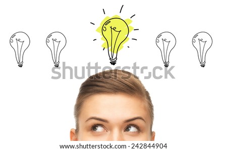 idea, business, education and people concept - close up of beautiful female eyes looking up to lighting bulb doodles Royalty-Free Stock Photo #242844904