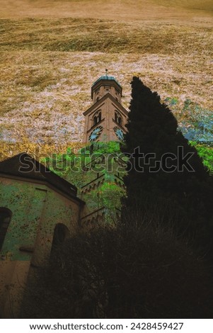 architecture and fantasy, fantasy photo, plants and architecture, silhouettes of houses, outlines of buildings, texture, wall texture, stone wall, soil wall Royalty-Free Stock Photo #2428459427