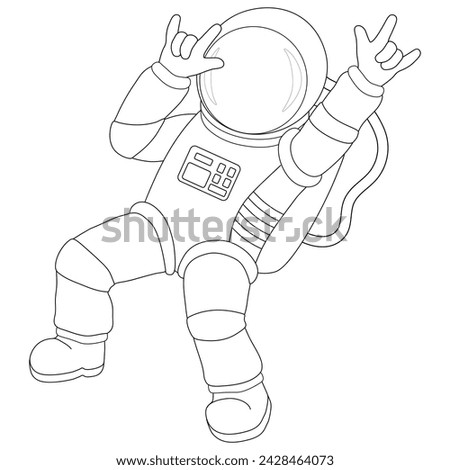 Happy astronaut making a sign i love you (ILY) with three fingers up. Black and white. Sign language. Gestures. Vector illustration.