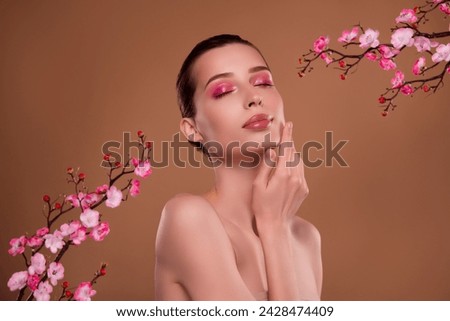 Photo of stunning gorgeous lady touch enjoy soft fresh facial skin after applying tradition japanese oriental balm