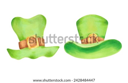 Green leprechaun top hat for St. Patrick's Day. Illustration with watercolors and markers. Clip art of a hat with a gold buckle. Hand drawn isolated art. Sketch of a classic retro vintage top hat.