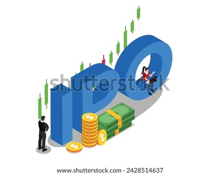Business people with IPO Initial Public Offering 3d isometric vector illustration Royalty-Free Stock Photo #2428514637