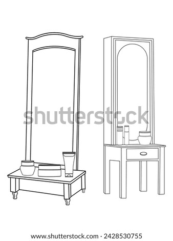 Dressing table and other furniture. Dressing room in outline style. Interior room with mirror vanity makeup and accessories. Vector illustration. Royalty-Free Stock Photo #2428530755