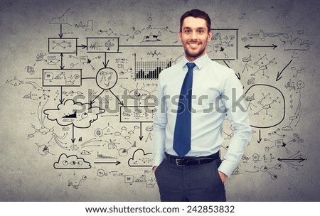 business and office concept - handsome buisnessman and big business plan on the back
