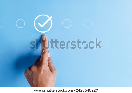 approval, approved, check, checkmark, choice, choose, confirm, correct, cross, decision. pointing at correct marks in round via finger on blue background color, the concept of choice without people.