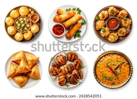 Indian food buffet top view, isolated on white background. curry, samosa, rolls, dal, pani puri, chicken tikka masala, Indian and desi food dishes set, collection. Ramadan Iftar food collage. Royalty-Free Stock Photo #2428542051