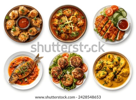 Indian and desi food dishes set collection, top view isolated on white background. chicken breast, kebabs with vegetables, Fish curry, dumplings, chicken korma curry. Many Indian and Pakistani foods Royalty-Free Stock Photo #2428548653