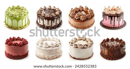 Set of different delicious cakes isolated on white background. Chocolate cake, red velvet, vanilla, pistachio cake. Many flavors of cakes set collection. Birthday cakes collage set.
