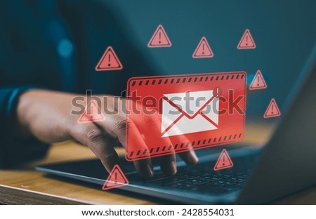 Threat, phishing, malicious, danger, hack, warning, mail, thief, scam, alert, safety, letter, technology, online, Cyber crime security concept, Alert Email inbox and spam virus with warning caution. Royalty-Free Stock Photo #2428554031