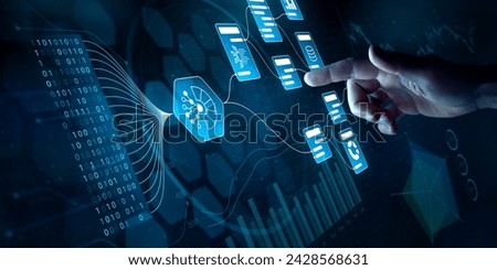 AI-Driven Workflow, Automating Data Management Analytics and Business Reports with KPIs, Predictive Insights, and Big Data Integration. Businessman touching Virtual Screen with Decision-Making Tech. Royalty-Free Stock Photo #2428568631
