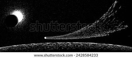 Comet and planet in space. Futuristic landscape, with noise texture . Night landscape with starry sky .Vector illustration