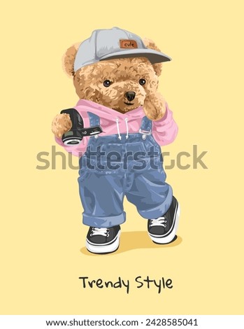 trendy style slogan with cute bear doll in overall denim hand drawn vector illustration Royalty-Free Stock Photo #2428585041