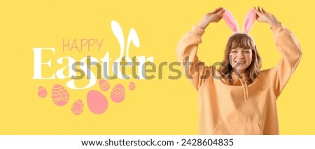 Festive banner for Happy Easter with young woman in bunny ears