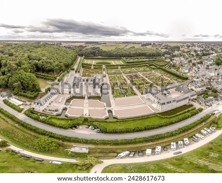 An ancient castle in the Loire River valley Château de Villandry. Panoramic photography from a high-flying drone.