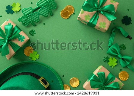 Top view shot of shamrocks, a leprechaun hat, gold coins, presents, novelty glasses, a bow tie, confetti, and glitter scattered on a green backdrop, leaving space for text or ads