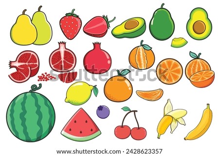 Set of colorful fruits Avocado, banana, pear, strawberry, orange, watermelon, cherry, lemon, pomegranate, blueberry. Whole and slices, freshness Fruity juicy Vector illustration, isolated on white
