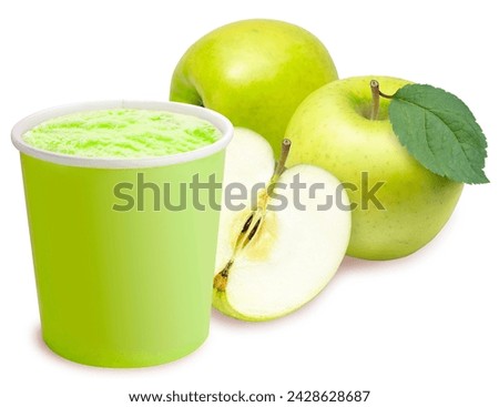 Green Apple Ice Cream in paper bucket isolated on white background, Green Apple Ice Cream on white With clipping path.