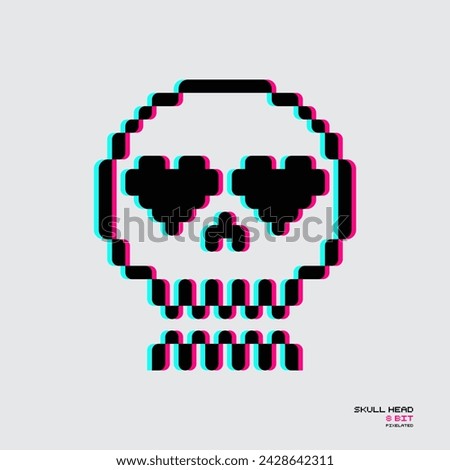 Skull head pixel 8 bit glitch effect illustration vector clip art, t shirt design, sticker editable