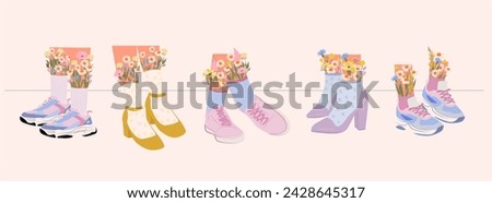 Set of women's pairs of feet in sneakers and shoes with flowers. Cool colorful sports shoes. Stylish shoes with heels. High socks and flowers. Editable vector illustration Royalty-Free Stock Photo #2428645317