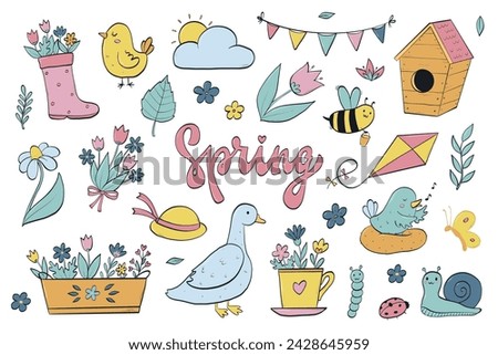 Spring doodles collection, spring cartoon elements for stickers, clip art, prints, cards, posters, banners, signs, icons, etc. EPS 10