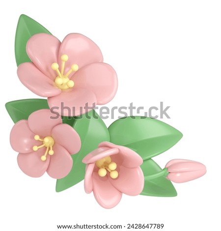 3d pastel pink corner divider cherry flowers, botanical spring arrangement, floral clip art, bouquet element decor illustration. 3D Illustration