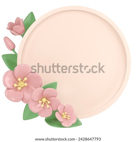 3d pastel pink corner cherry flowers with round frame, botanical spring arrangement, floral clip art, bouquet element decor illustration. 3D Illustration