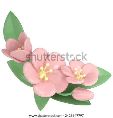 3d pastel pink corner divider cherry flowers, botanical spring arrangement, floral clip art, bouquet element decor illustration. 3D Illustration
