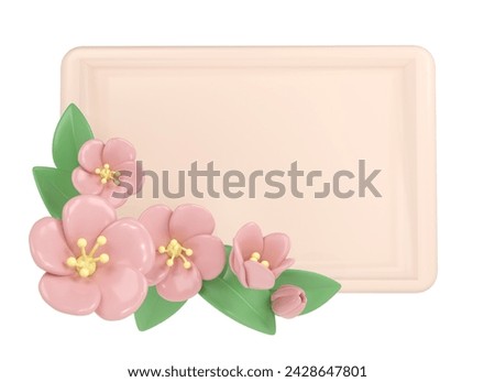 3d pastel pink corner cherry flowers with rectangle frame, botanical spring arrangement, floral clip art, bouquet element decor illustration. 3D Illustration