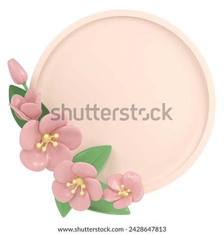 3d pastel pink corner cherry flowers with round frame, botanical spring arrangement, floral clip art, bouquet element decor illustration. 3D Illustration