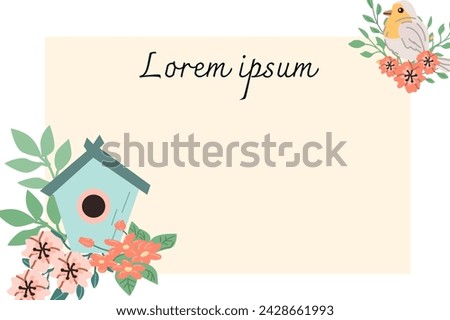 Spring greeting card with bird and birdhouse with flower. Vector illustration can used for postcard, greeting card, label, poster. 