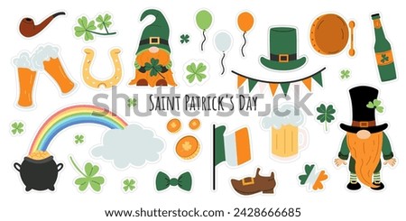 St. Patrick's day sticker set. Irish holiday Saint Patrick's Day.  Vector set with leprechauns, Irish flag and beer, clover, pot of gold and rainbow. Hand drawn illustration. 