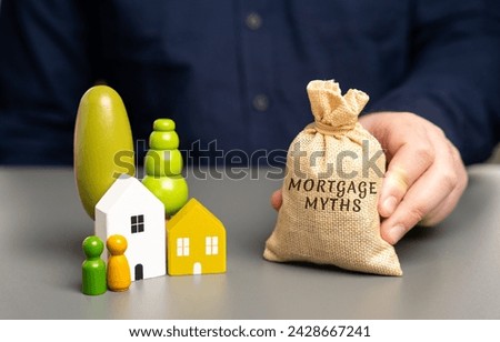Mortgage myths concept. Misconceptions or misunderstandings about mortgages that can mislead borrowers. Real estate and loan concept. Money bag and miniature houses with family figures Royalty-Free Stock Photo #2428667241
