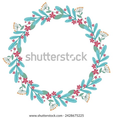 Wreath of flowers and herbs vector graphics. Round floral grass rim clip art. Wildflowers circular botanical shape with copy space