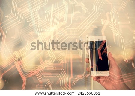 Double exposure of tech icon hologram and woman holding and using a mobile device. Technology concept.