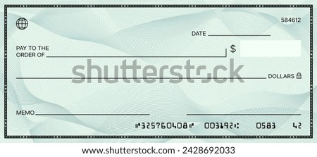 Blank bank check. Checkbook cheque template. Vector document with empty fields for personal and financial information, allowing users to create customized checks for Secure financial transactions Royalty-Free Stock Photo #2428692033