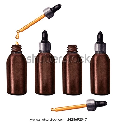 A set of small brown glass bottles droppers with pipette for cosmetic oil, serum, medicine. Hand drawn watercolor illustration isolated on white background. For clip art template label