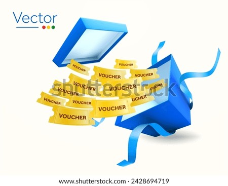3d golden coupons flying out of gift box with ribbon, isolated on white background. 3d vouchers give away template. Special promotion with gift box. Vector illustration. Royalty-Free Stock Photo #2428694719