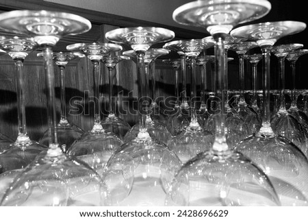 Party scenery, celebration, wine glasses for wedding guests, empty glasses on table, black and white photography
