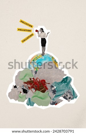 Vertical abstract creative collage activist young woman screaming about pollution stands on dirty planet environment destruction ecosystem Royalty-Free Stock Photo #2428703791