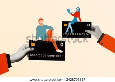 Composite trend artwork sketch image 3d photo collage of young smiled man young successful woman sit on huge ebank credit cards in big arms save electronic money