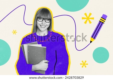 Trend composite sketch artwork image 3d collage photo of black white silhouette young lady teacher hold in hand notebooks happy september new school year starts