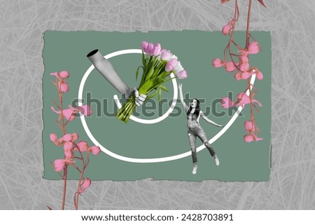 Collage poster picture of lovely pretty woman receive beautiful bouquet fresh tulips isolated on drawing background